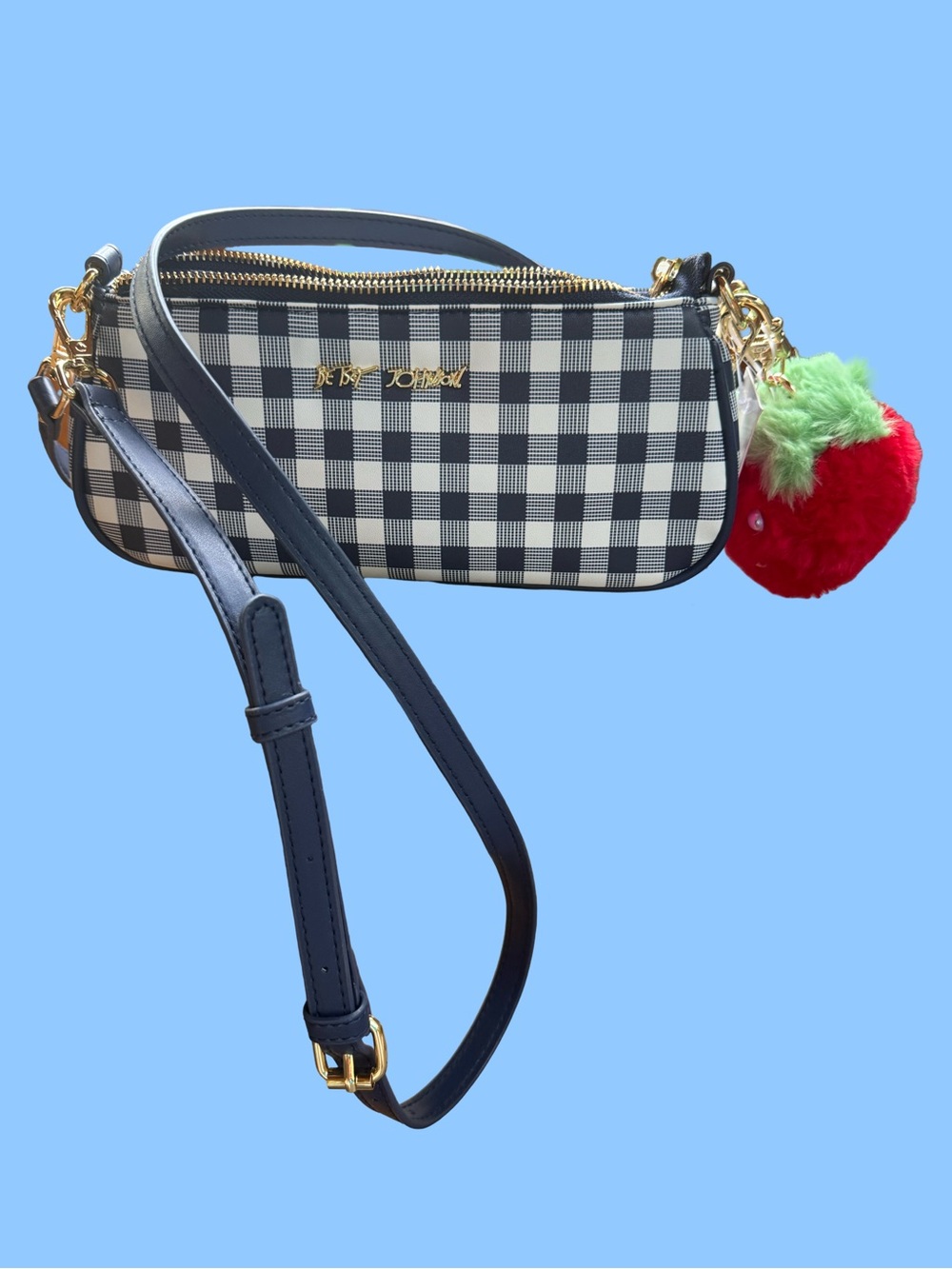 Betsey Johnson Navy and White Gingham Crossbody with Red Strawberry Pom Charm